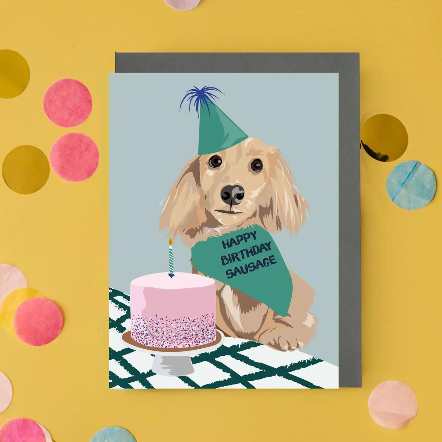 Happy Birthday Sausage Dog with Birthday Hat and Bandana Greeting Card