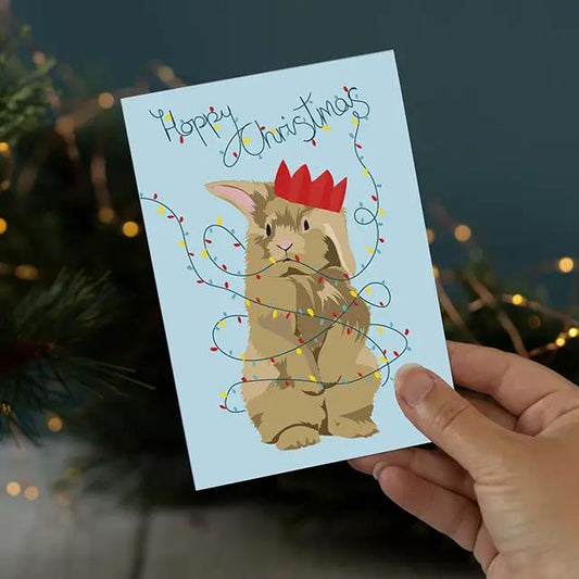 Hoppy Christmas Rabbit Wrapped in Lights Christmas Card