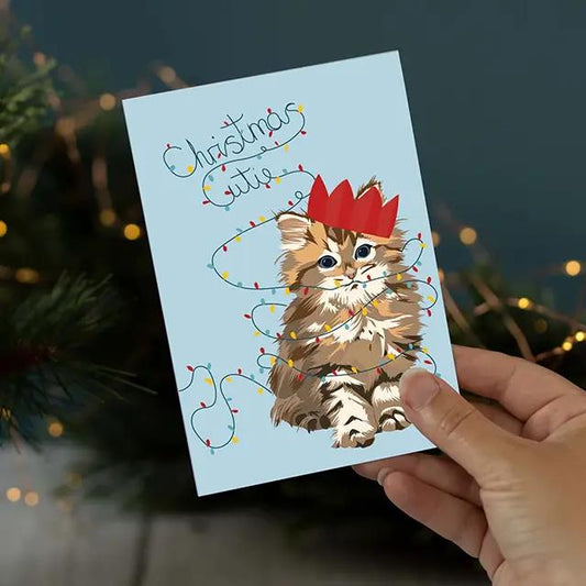 Cutie the Kitten Wrapped in Lights Christmas Card