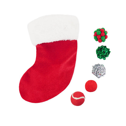 Christmas Cat Toy Stocking with 5 Multi Texture Balls